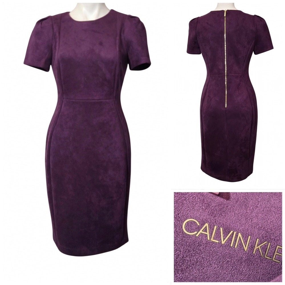 Calvin Klein Purple Faux Suede Short Sleeve Sheath Dress Size 8 Gold Zipper